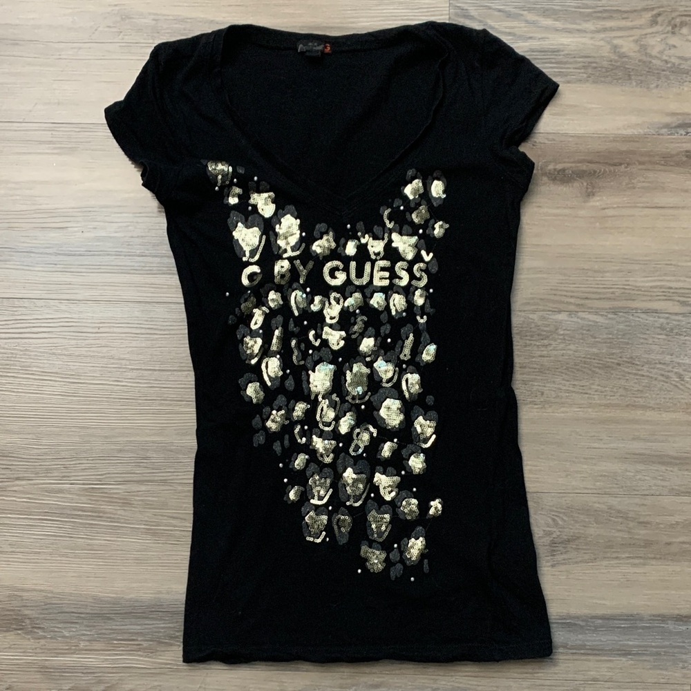 Guess Women's Black Tee with Gold Accents
